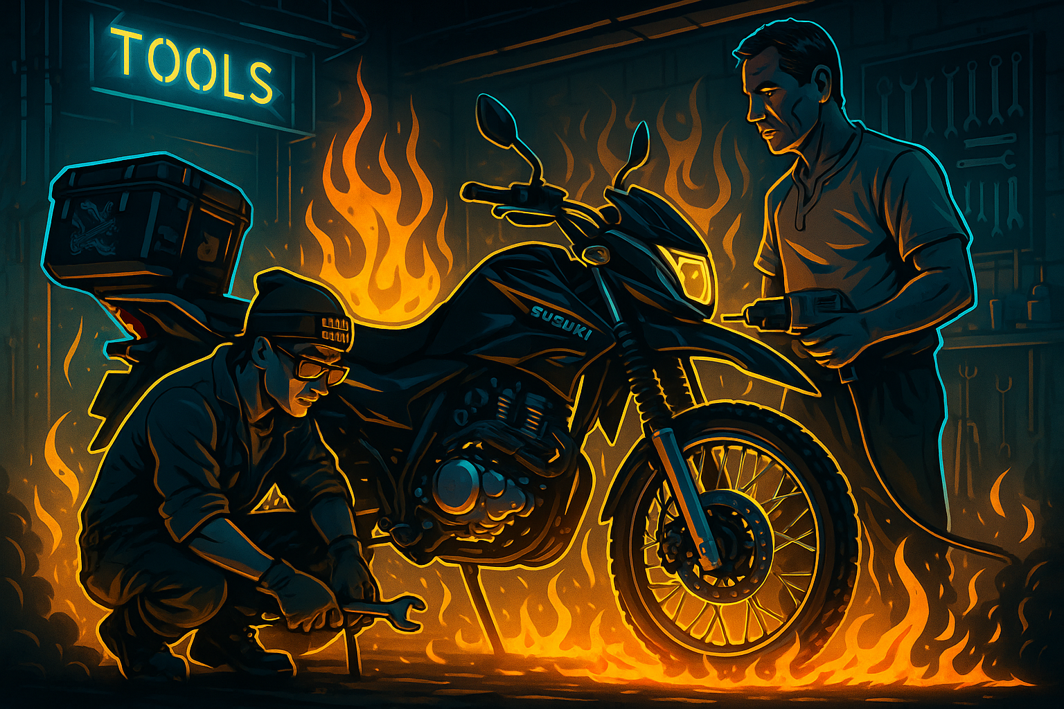 Mecánico trabajando en una moto con llaves mixtas